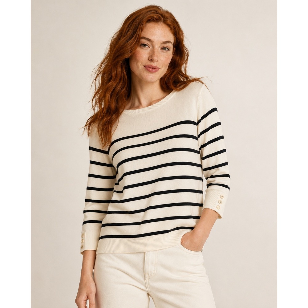Talbots Sweater Womens 1X Ivory Navy Blue Striped Button Cuff Boat Neck Knit